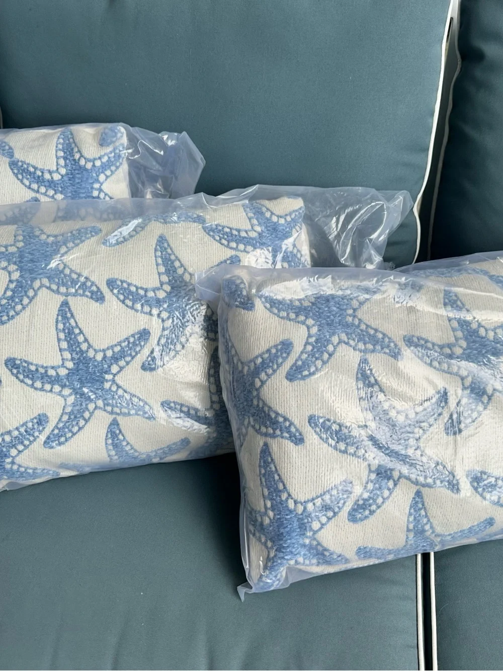 New blue and cream starfish lumbar accent pillow (@18”x11”): 3 available